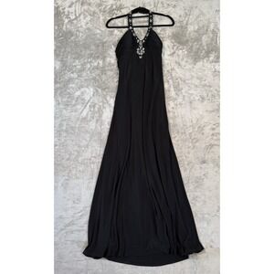 Black Halter Maxi Dress Embellished Neckline Crystal Beaded Formal Evening Gown
